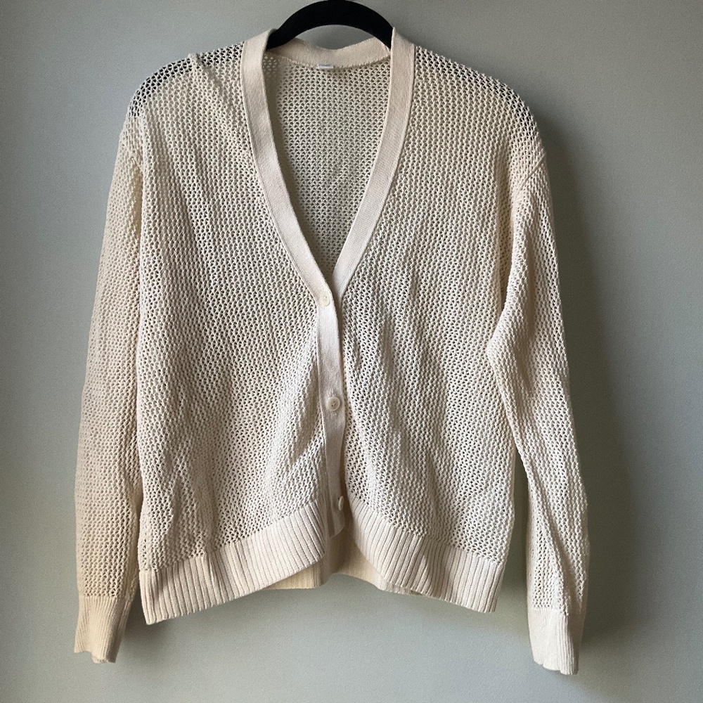 UNIQLO Mesh V-Neck Long-Sleeved Short Cardigan Cream Off White Medium